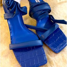 Brand New Never Worn Cobalt Blue , Very Sexy 4.5 Inch Heels Blue Synthetic Sandals With Sculpted Heel, Blue Synthetic Heels With Wrapped Heel, Chic Blue Low Heel Shoes, Chic Blue Low Heel Heels, Trendy Blue Heels With Wrapped Heel, Blue Synthetic Low Heels, Blue Sandals With Wrapped Heel For Night Out, Trendy Blue Low Heel Shoes, Chic Blue Heels With Heel Strap