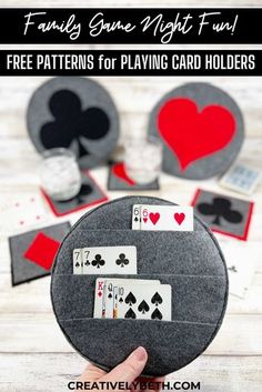 playing card holders made out of felt with text overlay reading fun game night fun free patterns for playing card holders