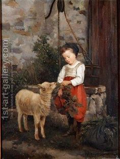 a painting of a young boy holding a lamb