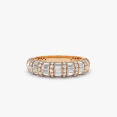 14k Dome Baguette Diamond Women's Anniversary Ring 14K Rose Gold Ferkos Fine Jewelry Unique Diamond Wedding Bands, Floating Diamond Necklace, Diamond Stacking Rings, Baguette Ring, Yellow Gold Wedding Band, Gold Armband, Baguette Diamonds, Ladies Diamond Rings, Unique Diamonds