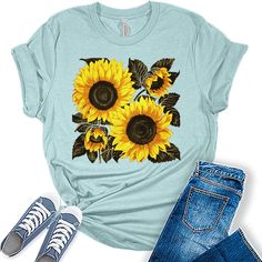 Style: Add some sunshine to your wardrobe with our stylish flower shirts for women! These graphic tees for women are the perfect blend of style and comfort and are sure to add some fun and fashion to your attire. Quality: Our nature lover tops for women are designed and printed with love in the USA. We use high-quality inks on our premium Bella Canvas unisex sunflower tshirt for a bold and stylish look. Fabric: Our womens tops are crafted with a premium blend of 100% Airlume combed and ring-spun Cottagecore Plus Size, Sunflower Tshirt, Graphic Tees For Women, Summer Tshirt, Sunflower Shirt, Women Gifts, Boho Vintage, Vintage Botanical, Tees For Women