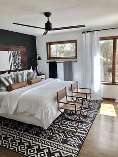 an instagram photo of a bedroom with white bedding and black accents