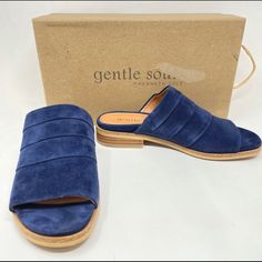 New In Box! Kenneth Cole Gentle Souls Blue Suede Sandals -Absolutely Stunning, Gorgeous Blue Suede Sandals -Leather Upper And Lining Is So Soft -Organic Comfort Shoes Combine Fashion And Comfort -Features Flaxseed Pillows/Memory Foam Embedded In The Footbed That Mold To The Shape Of Your Foot Providing Cushioned Support With Every Step. -This Revolutionary Technology Is Lined With The Finest, Most Supple Leather To Ensure A Comfort That’s As Natural As Walking -Insole Is Super Comfy -Peep Toe -S Blue Slip-on Open Toe Sandals, Casual Blue Suede Sandals, Blue Suede Sandals For Summer, Blue Suede Slip-on Mules, Kenneth Cole Shoes, Flaxseed, Comfort Shoes, Suede Sandals, Blue Suede