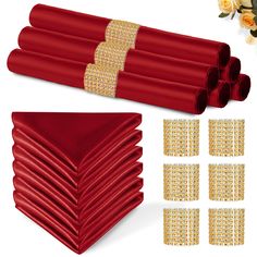 red satin table cloth with gold sequins and matching napkins for wedding party