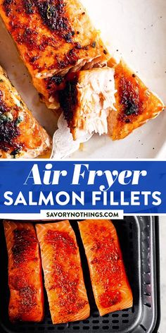 air fryer salmon fillets on a grill with text overlay