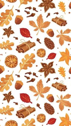 an image of autumn leaves and acorns on a white background for wallpaper