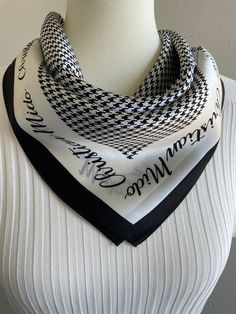 This 100% mulberry silk square scarf has a black and white elegant houndstooth pattern. Material: 100 % mulberry silk, pure silk Perfect gift for Valentine's Day, Mother's Day, and Birthday gifts. Size: 55 cm x 55 cm / 21 in x 21 in Finish Size: 53 cm x 53 cm / 20.8 in x 20.8 in The dimensions indicated may vary. This essential accessory complements any outfit. Can be styled as a neck scarf, a head scarf, or at the waist. Suitable for all seasons, gift ideas for the holiday season, and special occasions. Care Instructions: Gently use cold water and silk-friendly detergent to hand wash the scarf, do not rub or wring. Hang to dry in a shady area without direct sunlight or lay flat to dry Steam on the low heat setting.  Dry clean highly recommended Louis Vuitton Scarf Silk 90*180 Black And White, Scarf Square, Silk Bandana, Silk Square Scarf, Hair Scarf, Scarf Gift, Houndstooth Pattern, Bandana Print, Neck Scarf