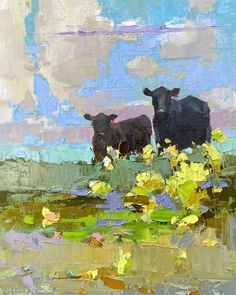 an oil painting of two black cows standing in a field with yellow and purple flowers