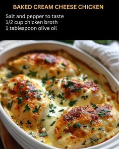 baked cream cheese chicken in a white casserole dish with parsley on top