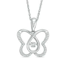 A special gift for a woman of any age, this charming diamond butterfly pendant from the Unstoppable Love™ Collection creates a wonderful memory. Crafted in sterling silver, this open papillon design features wings lined with sparkling diamonds. At its center, a single diamond glistens in a unique setting that moves with every beat of her heart and every turn of her head. Radiant with 1/8 ct. t.w. of diamonds and a bright polished shine, this pendant suspends along an 18.0-inch rope chain that se Butterfly Charm Pendant Jewelry For Anniversary, White Diamond Butterfly Charm Necklace, Diamond Butterfly Charm Jewelry, Fine Jewelry Butterfly Pendant With Diamond Accents, Diamond Butterfly Necklace In Fine Jewelry Style, Fine Jewelry With Butterfly Diamond Accents, Fine Jewelry Butterfly With Diamond Accents, Diamond Butterfly Charm Jewelry For Wedding, White Diamond Butterfly Necklace As Gift