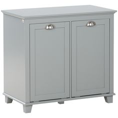 a grey cabinet with two doors on the front