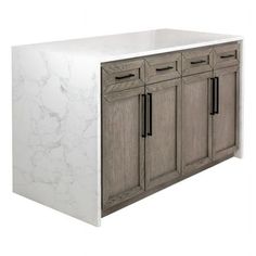 an image of a white and grey cabinet with marble counter top on the front side