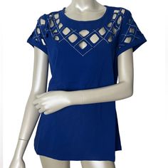 Ashley Stewart Blue Rhinestone Short Sleeve Top. Stylish Lasercut Design. Quality Fabric. Various Sizes; 10/12, 14/16, 18/20, 22/24, 26/28 Nwt- New With Tags Fitted Blue Tops With Rhinestones, Elegant Blue Embellished Top, Blue Embellished Short Sleeve Top, Blue Embellished Top With Short Sleeves, Red And White Shirt, Cold Shoulder Shirt, Organza Top, Peplum Shirts, Asymmetrical Blouse