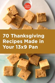 a plate with pieces of food on it and the title overlay reads 70 thanksgiving recipes made in your 13x9 pan