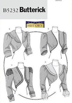 Here is a wonderful, Victorian costume pattern for a Spanish or bolero style jackets. It is a Making History pattern by Butterick 5232, Misses sizes 6 to 12. Pattern includes four styles of a fitted, lined jacket with neckline and sleeve variations, front darts and princess seams in back. Size 14-20 Uncut, Factory Folded.  Envelope has light shelf wear and small tears due to storage SHIPPING:  Shipping charges will apply to the first pattern purchased.  Any additional patterns purchased on the same invoice will ship for free.  The cart will reflect a flat shipping rate. Sewing Costumes, Victorian Jacket, Steampunk Jacket, Victorian Dresses, Costume Sewing, Sleeve Variations, Historic Fashion