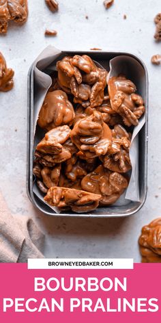 bourbon pecan pralies in a tin with text overlay