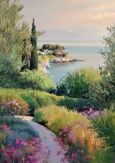 an oil painting of a path leading to the ocean with flowers and trees on either side