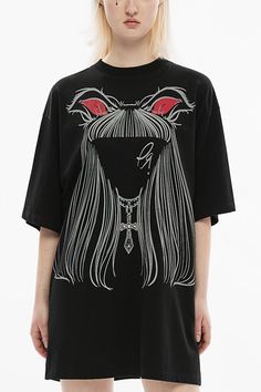 Fabric: Cotton Color: Black Collar: Round Collar Sleeve Length: Short Sleeves Feature: Print Style: Punk Clothing Type: T-Shirt Include: T-Shirt*1 (Any of the accessory is not included.) Size(IN) Length Bust Shoulder Width Sleeve Length Cuff Around Hem XS-S 31.50 46.85 21.26 10.43 17.72 48.03 M-L 32.28 50.00 22.05 10.83 18.50 51.18 XL-2XL 33.07 53.15 22.83 11.22 19.29 54.33 Size(CM) Length Bust Shoulder Width Sleeve Length Cuff Around Hem XS-S 80 119 54 26.5 45 122 M-L 82 127 56 27.5 47 130 XL-2XL 84 135 58 28.5 49 138 Punk Clothing, Punk T Shirt, Punk Outfits, Style Punk, Hair Girl, Long Hair Girl, Print Style, Loose Shorts, Girls Prints