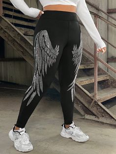 Plus Size Leggings With Hotfix Rhinestone Wings Pattern Black    Knitted Fabric Graphic Regular Medium Stretch  Women Plus Clothing, size features are:Bust: ,Length: ,Sleeve Length: Rhinestone Leggings, Wings Pattern, Hotfix Rhinestone, Hot Fix, Plus Size Leggings, Black Knit, Fashion Online Shop, Plus Clothing, All Fashion