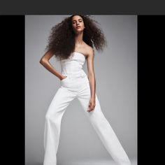 Zara White Denim Halter Jumpsuit Chic Straight Leg Jumpsuit For Spring, Chic Fitted Wide Leg Denim Jumpsuit, Chic Fitted Overall Jeans, Chic High Rise Cotton Denim Jumpsuit, Chic High-rise Cotton Denim Jumpsuit, Chic Fitted Denim Jumpsuit With Straight Legs, Chic Summer Overalls Jeans, Elegant Fitted Denim Jumpsuit For Spring, White Fitted Cotton Denim Jumpsuit