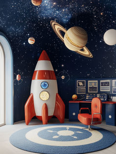 a space themed bedroom with a rocket ship and planets