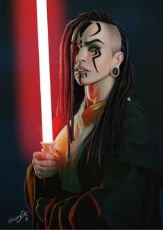 a drawing of a woman with dreadlocks holding a light saber in her hand