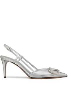 silver-tone calf leather metallic finish VLogo Signature buckle-fastening slingback strap branded leather insole high stiletto heel Tone Calves, Shoes Silver, Silver Pumps, Valentino Shoes, Iconic Bags, Ballet Pumps, Boot Pumps, Silver Heels, Silver Shoes