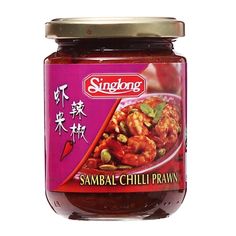 a jar of sambat chilli prawn with chinese writing on the side