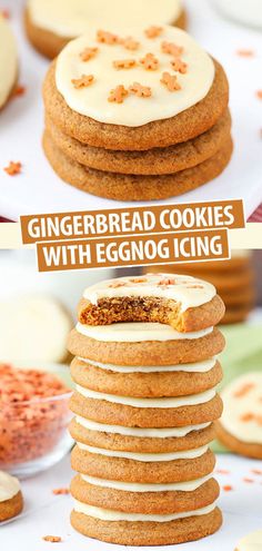 gingerbread cookies with eggnog icing are stacked on top of each other