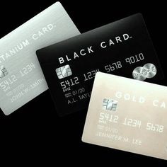 three black and white credit cards on a black background with the words gold card next to them