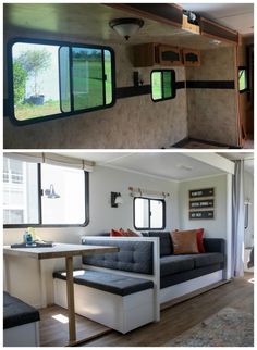 the interior and exterior of a mobile home with windows, couches, and kitchen