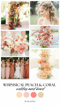 peach and coral wedding color palettes with the words, whimsical peach and coral