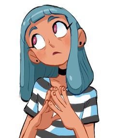 a cartoon girl with blue hair is holding her hands together