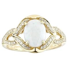 Decorate yourself in elegance with this Ring is crafted from 10-karat Yellow Gold by Gin & Grace Ring. This Ring is made up of 9x7 mm Oval-cab Ethiopian Opal (1Pcs) 1.40 Carat and Round-cut White Diamond (54 Pcs) 0.18 Carat. This Ring is weight 2.62 grams. This delicate Ring is polished to a high finish shine. Australian Opal Ring, Australian Opal, Delicate Rings, Yellow Gold Ring, Opal Rings, Yellow Gold Rings, Ethiopian Opal, White Diamond, Rose Gold Ring