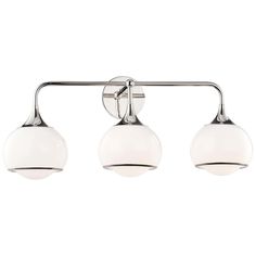 three light bathroom fixture in chrome finish with white glass balls on the sides and an adjustable arm