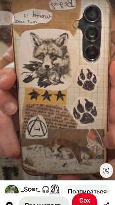 someone is holding up their phone case with stickers on it and pictures of animals