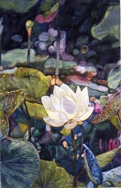 a painting of water lilies and leaves