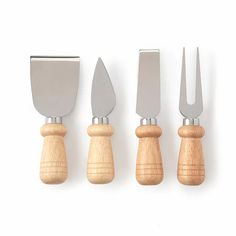 four knives and three wooden handles on a white background