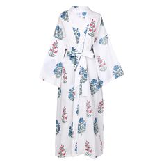 Jal Wahal Floral Cotton Dress Robe ON BACKORDER 5-7 DAYS White Kimono Sleeve Dresses For Loungewear, White Floral Print Kimono For Vacation, White Floral Kimono For Vacation, Elegant White Floral Print Kimono, White Cotton Kimono With Floral Print, White Floral Print Kimono For Loungewear, White Cotton Dress With Kimono Sleeves, White Long Kimono For Loungewear, White Floral Print Dress For Loungewear