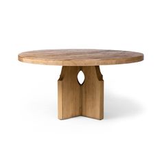 a round wooden table with two legs and a circular top, on a white background