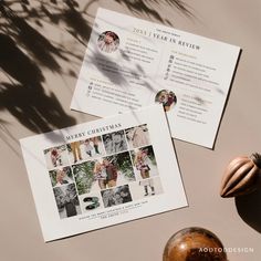 two wedding programs on top of a table next to an acorn ornament