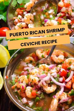 two bowls filled with shrimp and veggies on top of a wooden table next to lemon wedges