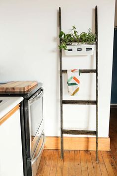 an old ladder is used as a planter in the kitchen