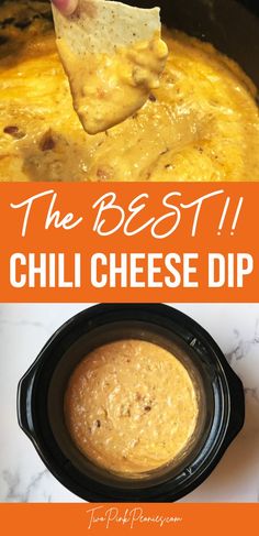 text that says the best chili cheese dip above and below are images of the cheese dip Tostito Chip Dip Recipes, Chilli Cheese Dip Hormel, Cheese Dip For Tortilla Chips, Hormel Chili Cheese Dip Crockpot, Chili Dip With Cream Cheese Crock Pot, Chilli Con Queso Dip, Chilli Cheese Dip Crockpot, Crock Pot Chip Dip, Hot Cheese Dip Crockpot