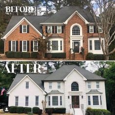 before and after photos of a brick house with white trim on the front door, windows and shutters