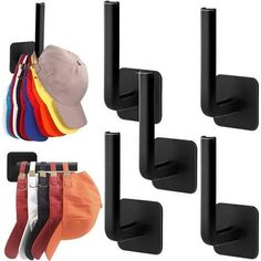 six pairs of hat hooks with hats hanging on the wall and one pair of baseball caps