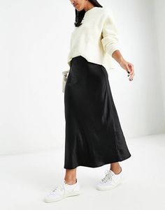 Mango midi satin skirt in black | ASOS Sleek Midi Skirt, Sleek Long Maxi Skirt For Spring, Sleek Midi Skirt For Fall, Sleek Long Pencil Skirt For Spring, Sleek Spring Midi Skirt, Casual Satin Flowy Skirt, Casual Satin Long Skirt, Casual Long Satin Skirt, Chic Satin Skirt For Fall