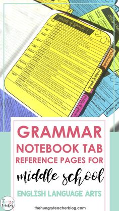 an english language book with the title,'grammar notebook tab reference pages for middle school english