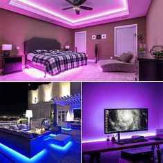 four different pictures with purple lighting in them