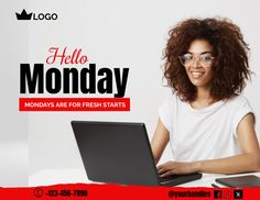 a woman sitting in front of a laptop computer with the words hello monday on it